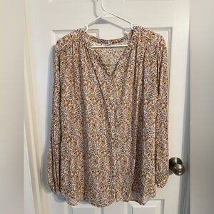 Old Navy Cream and Brown Ruched Long Sleeve Blouse